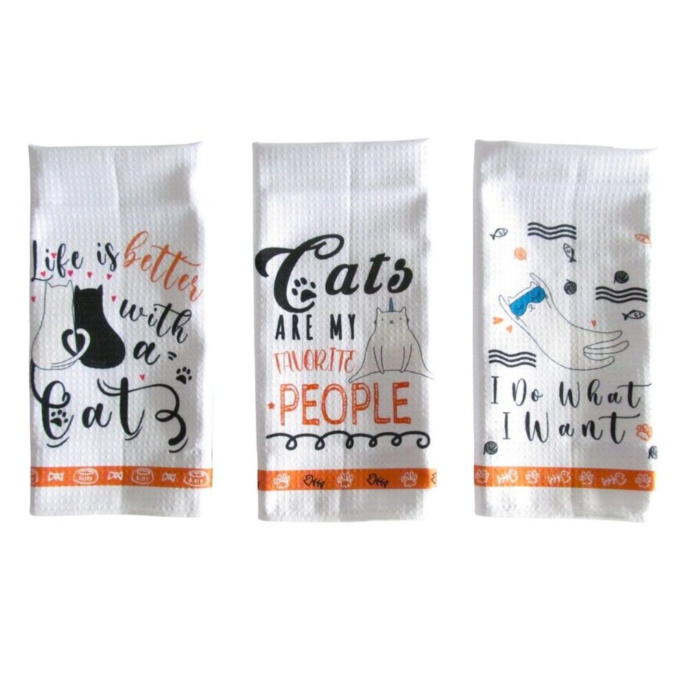 Set of 3 New Cat lovers Theme Quote Kitchen Cotton Dish Towels